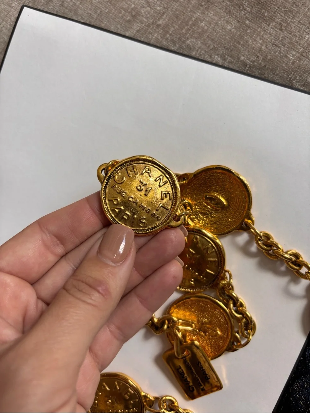 Authentic CHANEL medallion charm gold plated Rue Cambon 31 medallion belt 80cm